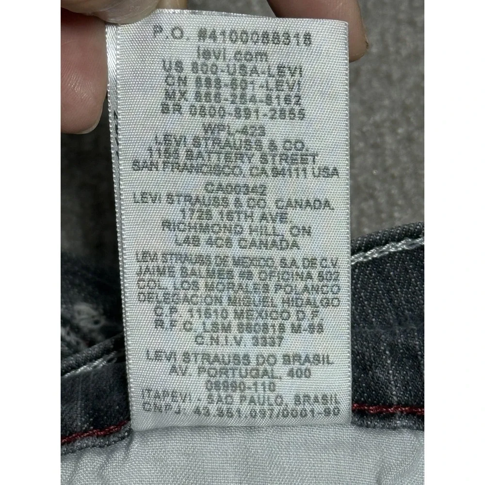 Levis 514 Jeans Mens 36x30 Gray Slim‎ Straight Distressed Denim Red Stitching